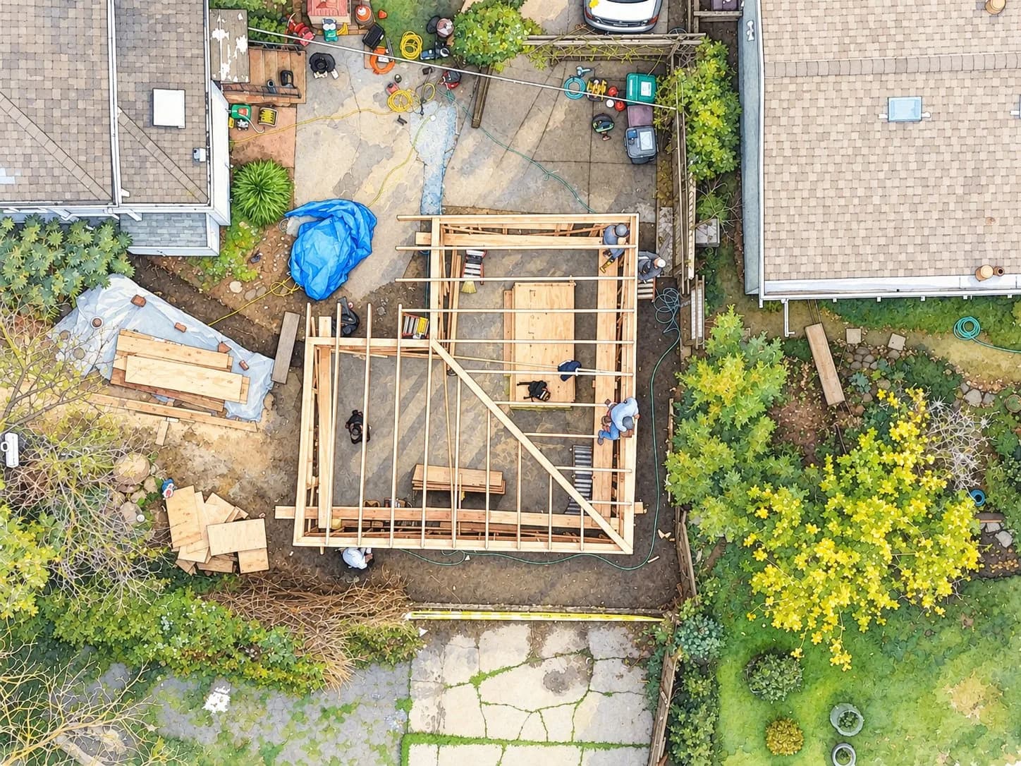 Watercolor aerial view of a backyard ADU being framed between neighboring homes