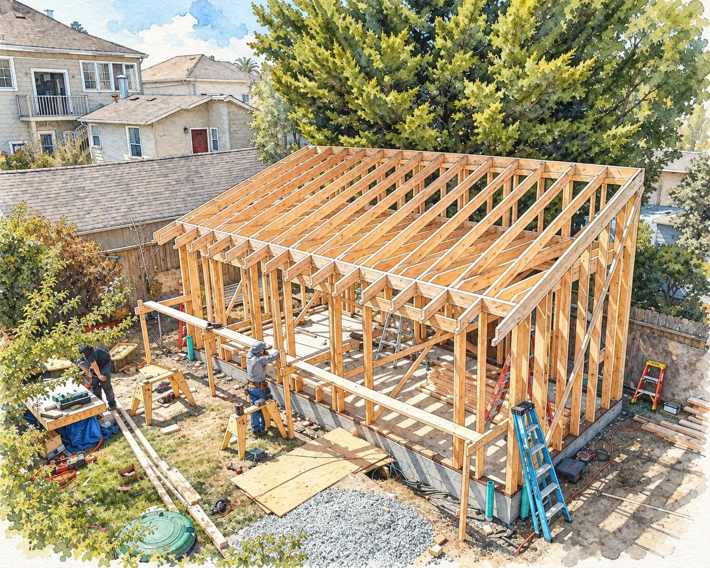 Watercolor of a crew framing a backyard ADU with a shed roof