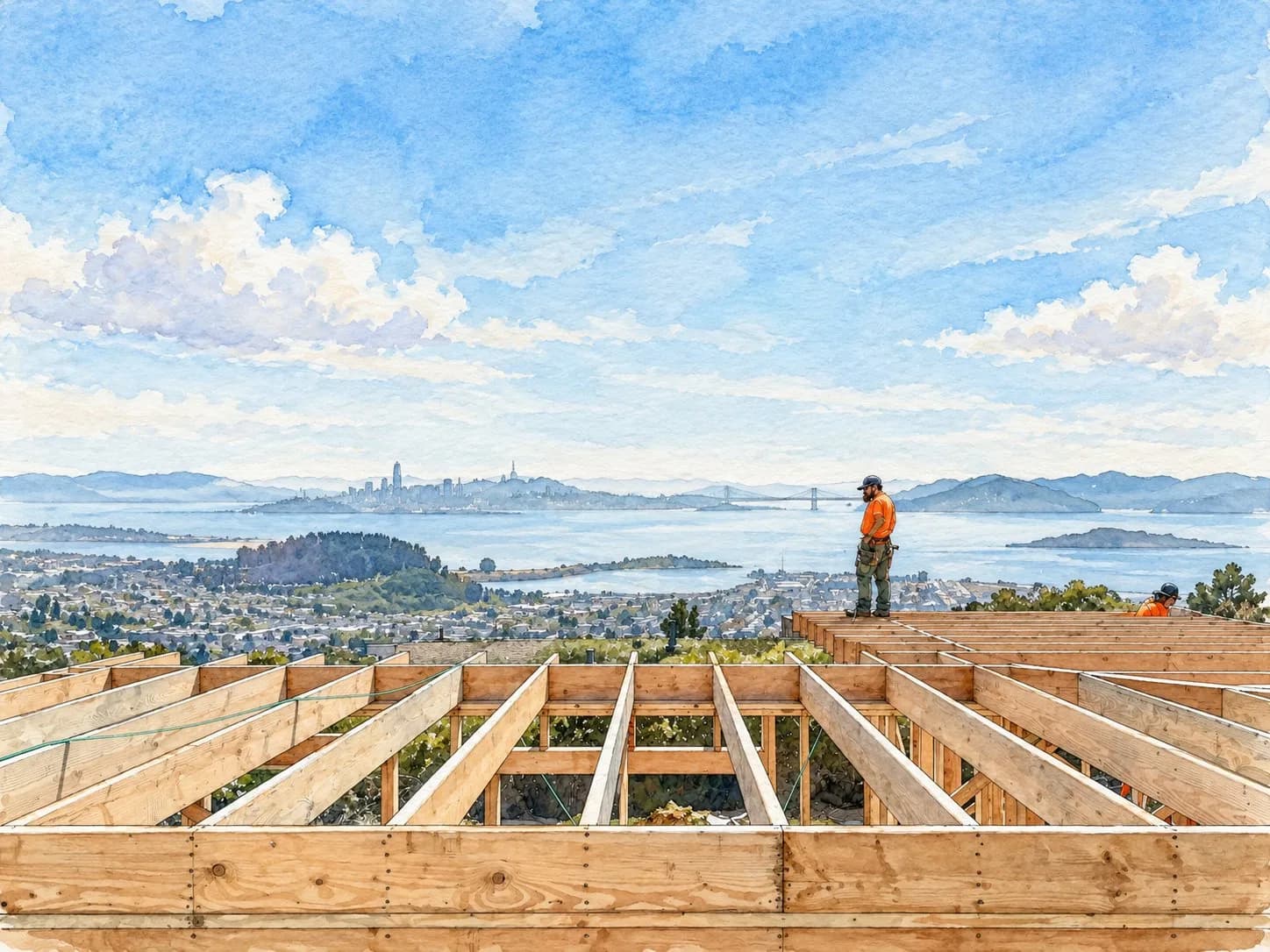 Watercolor of a crew framing a floor above the San Francisco Bay