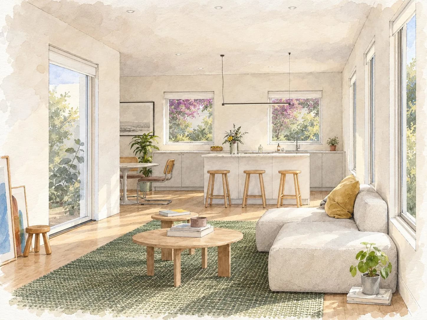 Watercolor of an open living room and kitchen with a sectional sofa and island stools