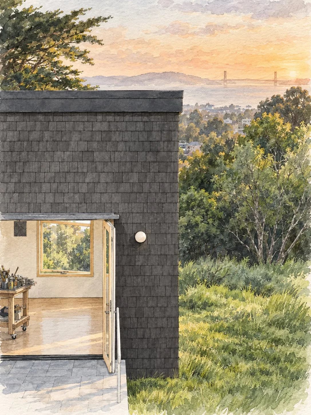 Watercolor of a dark shingle-clad studio overlooking the bay at sunset