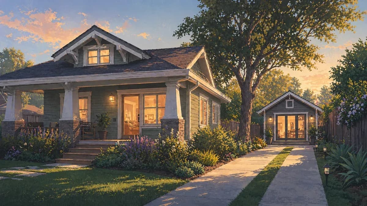 Illustration of a craftsman bungalow with a small detached unit at the end of the driveway