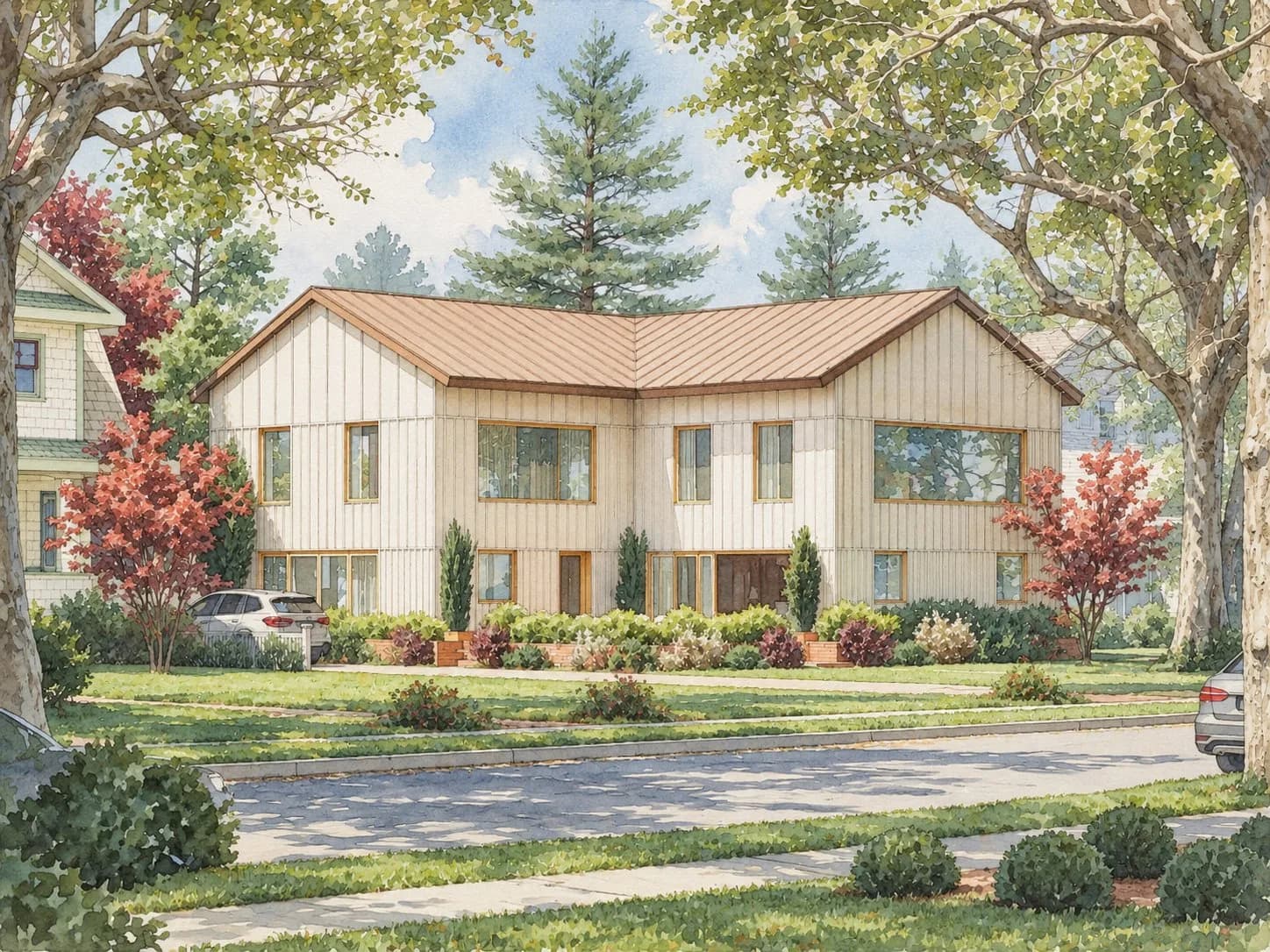 Watercolor of a two-story board-and-batten home with a copper roof on a tree-lined street