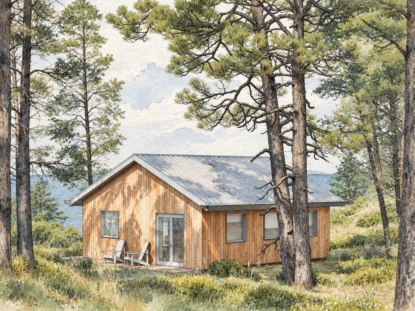 Watercolor of a wood-clad cabin with a metal roof among pine trees near the water