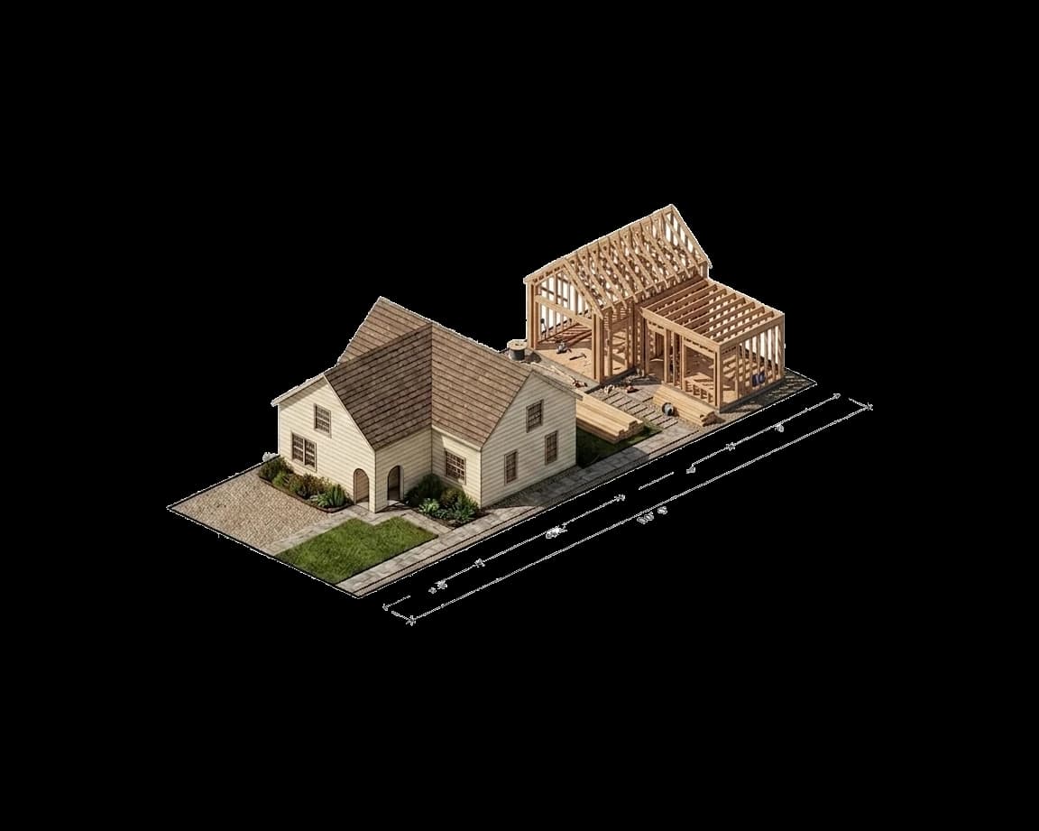 Illustration of the same lot with the backyard home framed in wood and lumber stacked beside it, behind the house
