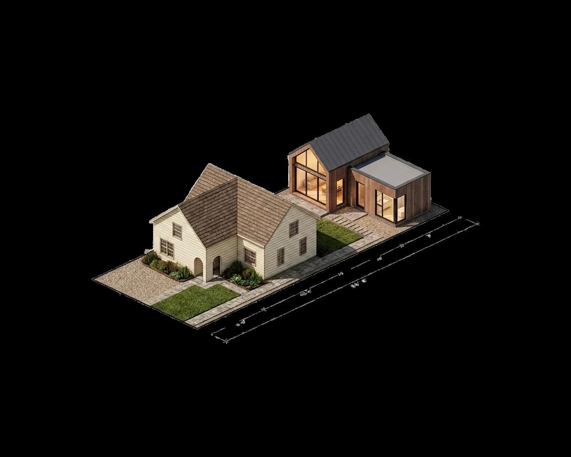 Illustration of the same lot with a newly designed backyard home in wood siding, with large windows and a metal gable roof, behind the house