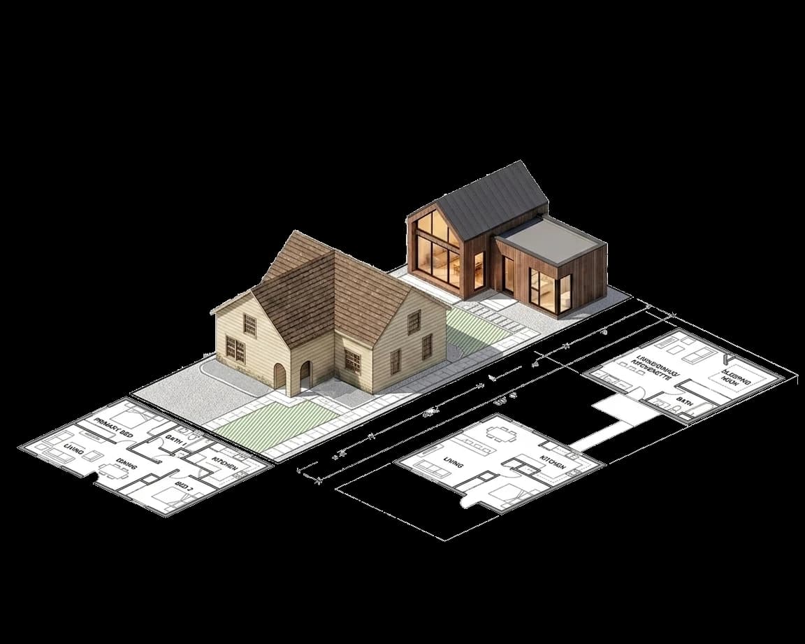 Illustration of the same lot drawn up as permit drawings, with the house and backyard home beside their floor plans and dimensions