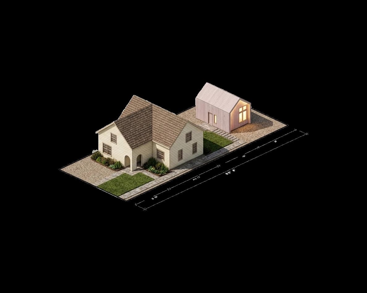 Illustration of a residential lot with a house at the front, a backyard cottage behind it, and the lot's depth marked along one side
