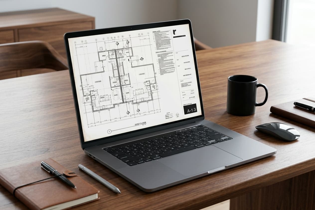 A laptop on a wooden desk showing the first floor plan of a duplex from a set of design drawings, beside a coffee mug and a notebook