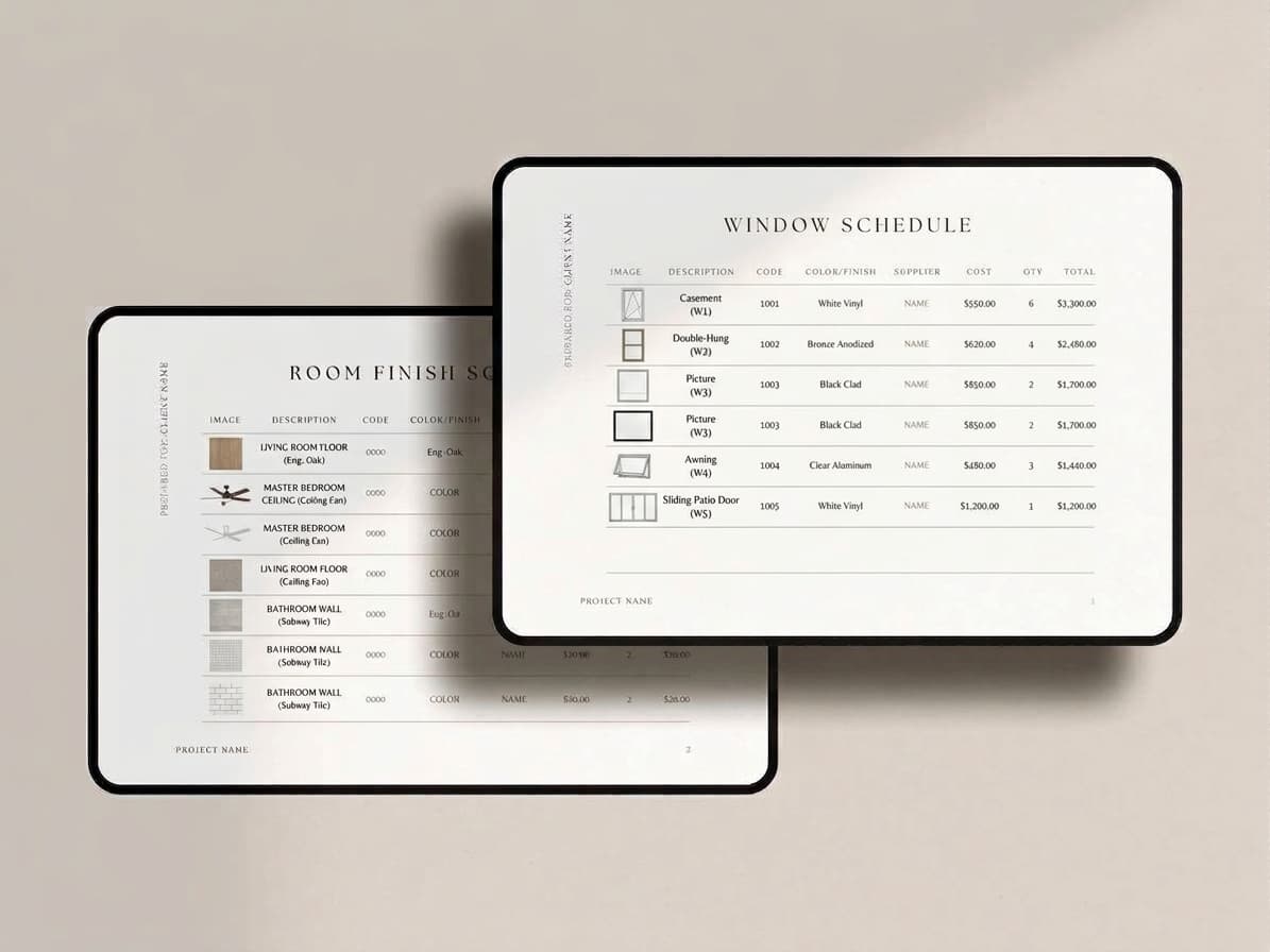 Two tablets showing a room finish schedule and a window schedule, each listing products with photos, finishes, and quantities